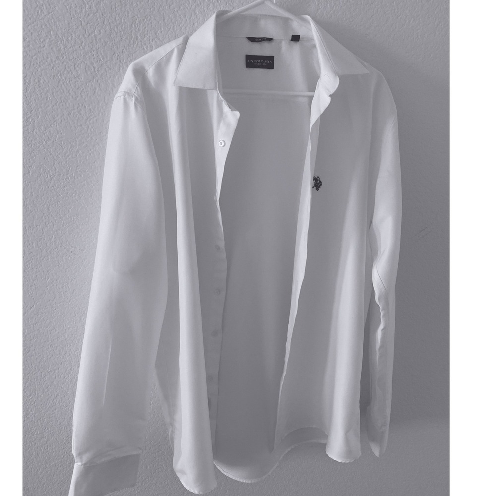 US Polo Assn Mens Slim Fit Long Sleeve Button Down Shirt White Solid Logo
